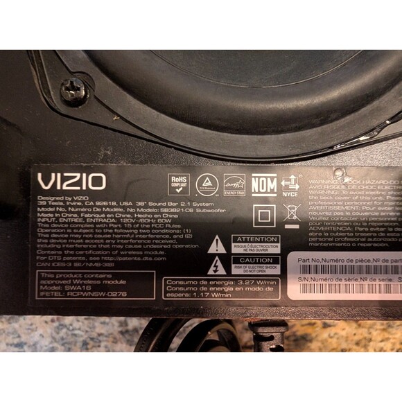 VIZIO SWA16 Subwoofer for SB3821-C6 38" 2.1-Channel Soundbar  *Subwoofer Only* - Picture 4 of 5
